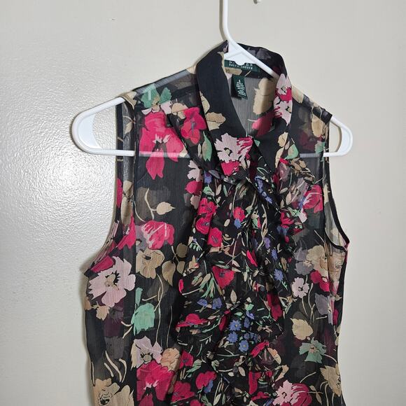 Lauren Ralph Lauren Chiffon Floral Sleeveless Ruffle Front Sheer Blouse Sz 8 - Picture 3 of 11